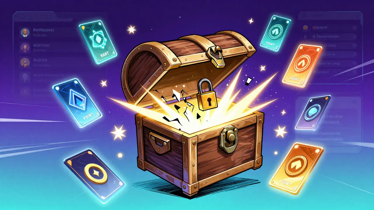 Glowing NFT weapon box opens revealing floating digital currency tokens