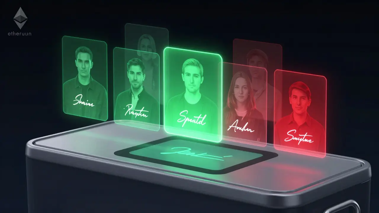 Holographic signatures approve a transaction, with revoked access indicators visible.