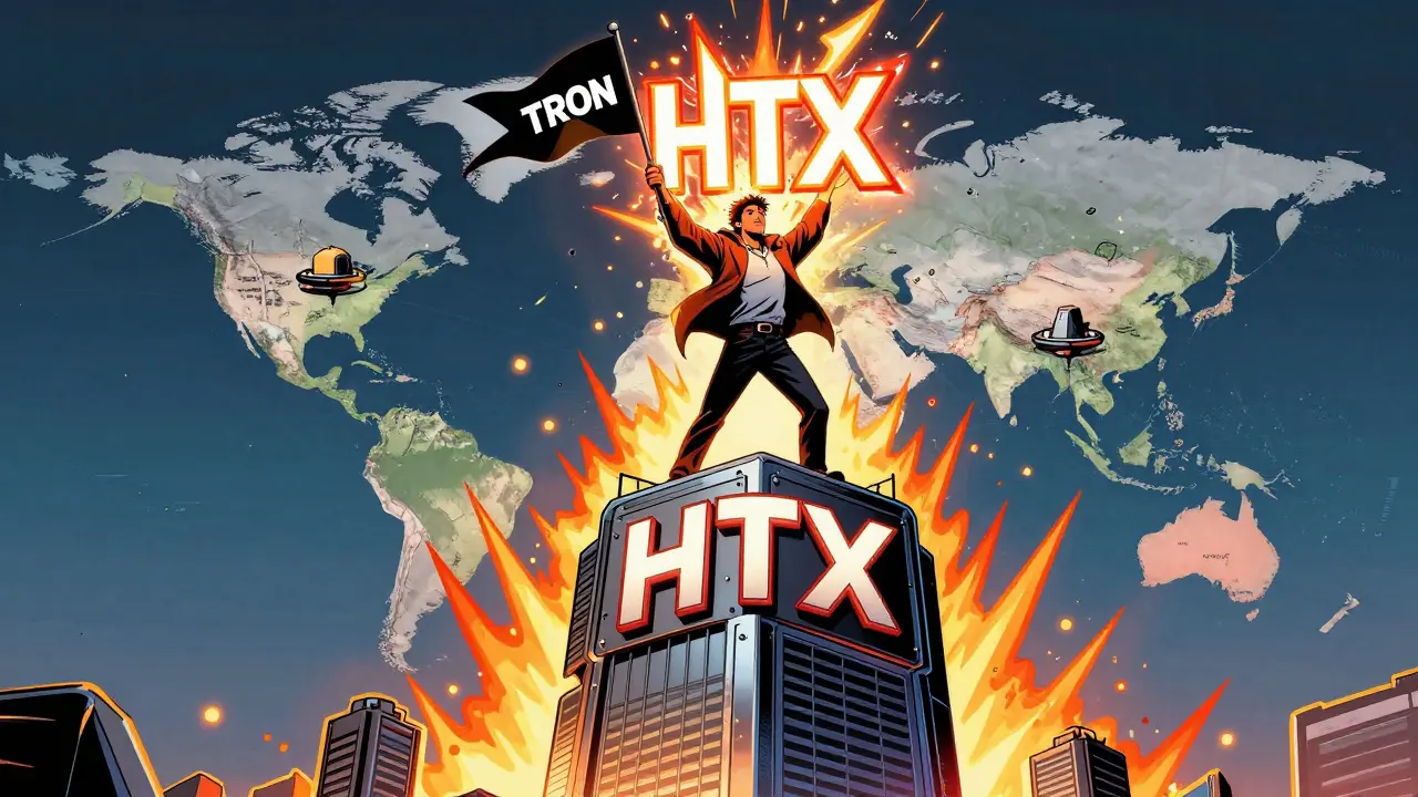 Justin Sun merging Huobi and TRON into the HTX symbol atop a global platform in comic book art.