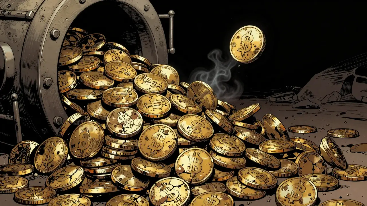 Mountain of dusty coins representing worthless crypto token.