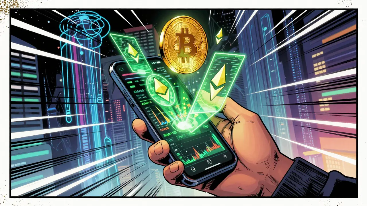 Person using smartphone for cryptocurrency trading with floating coins