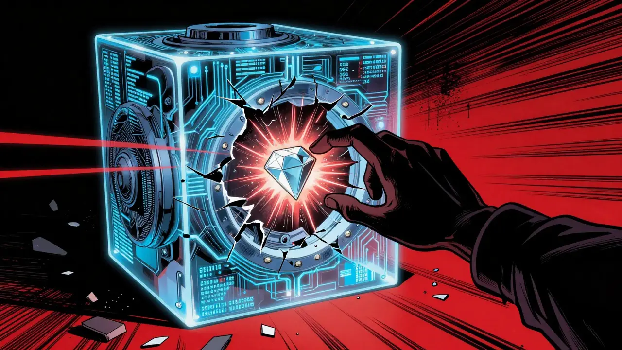 Shadowy hand stealing a token from a digital vault