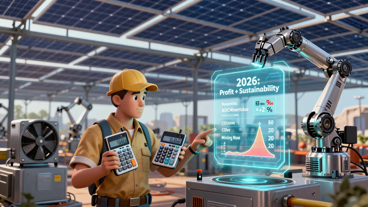 Solar-powered mining farm with dual calculators and CO2 savings hologram