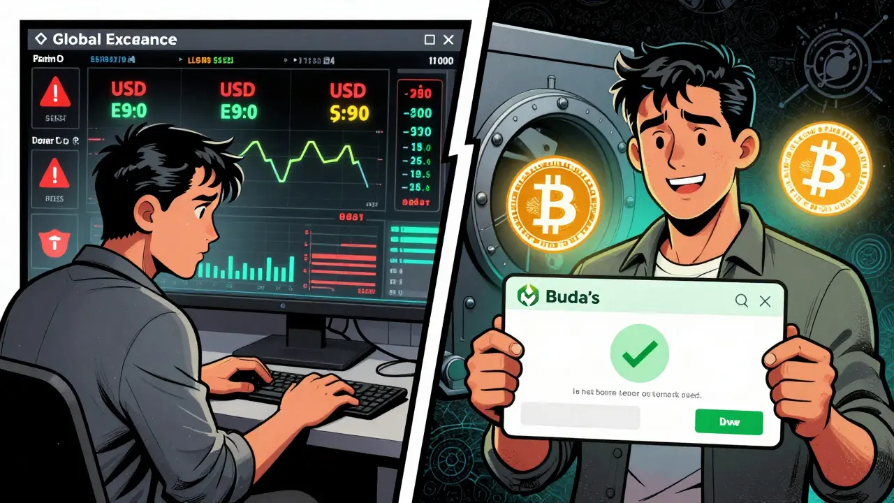 Split scene comparing complex global exchange fees with Buda's simple local currency trading interface.