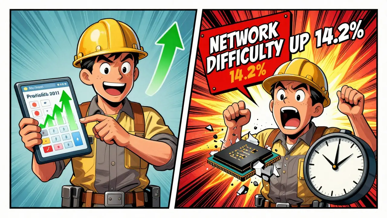 Split scene of miner celebrating vs. shocked by rising network difficulty