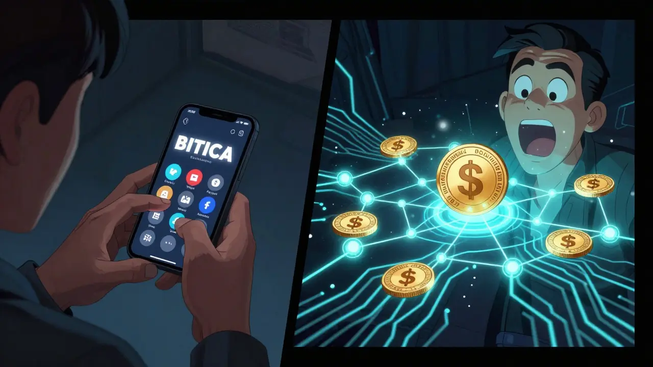 Split scene: someone completing social media tasks while BDCC tokens are sent to a digital wallet.