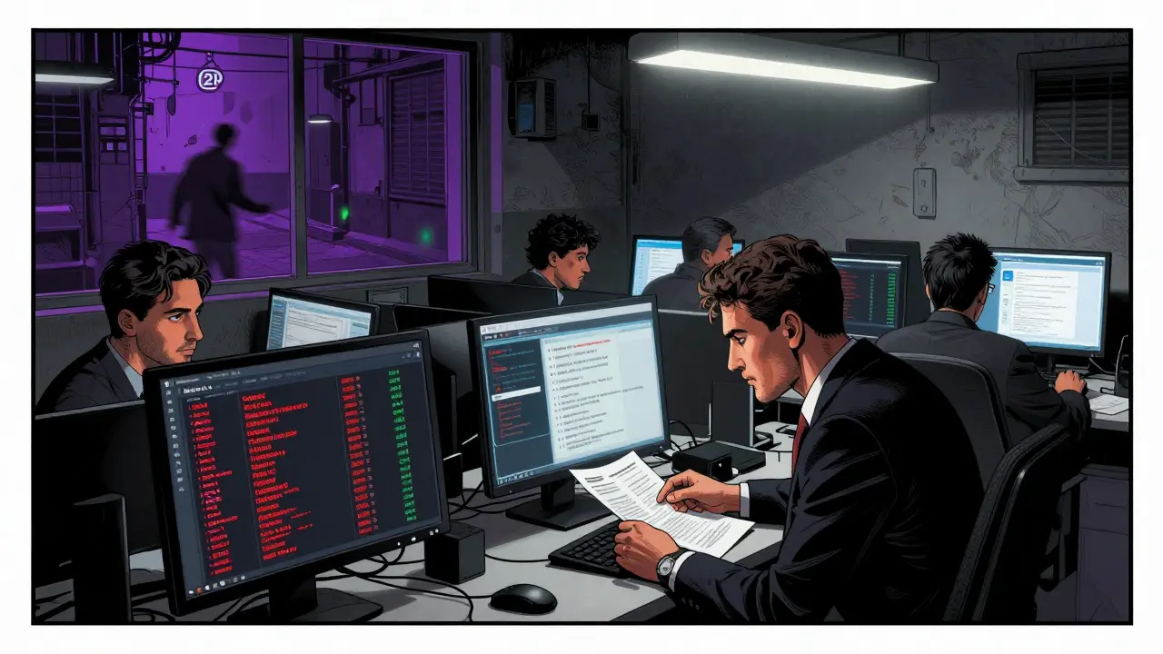 Tech workers in a Jordanian startup monitor AML compliance dashboards under flickering lights while outside, shadowy crypto trades occur.