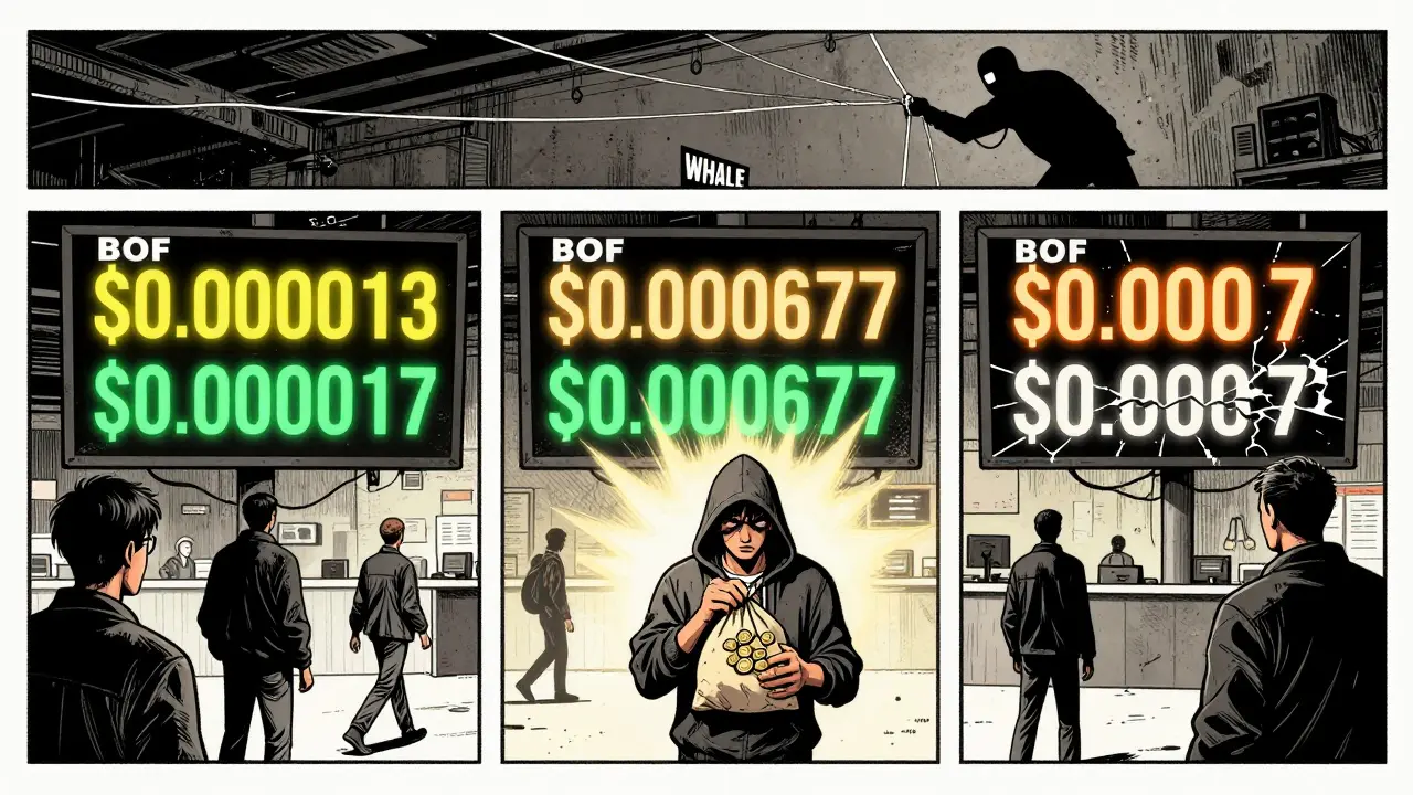 Three trading screens show wildly different BOF prices as a lone trader stands alone in a chaotic, empty exchange floor.