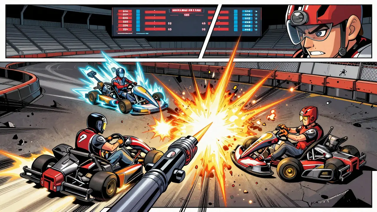 Two racing karts collide in arena with energy weapons firing