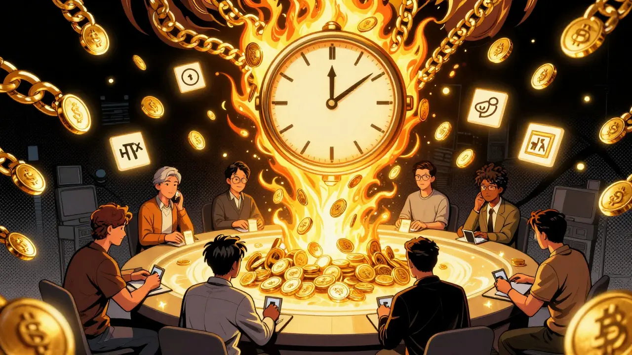 Users locking HTX tokens into a DeFi pool as burning tokens and rewards rise in comic book style.