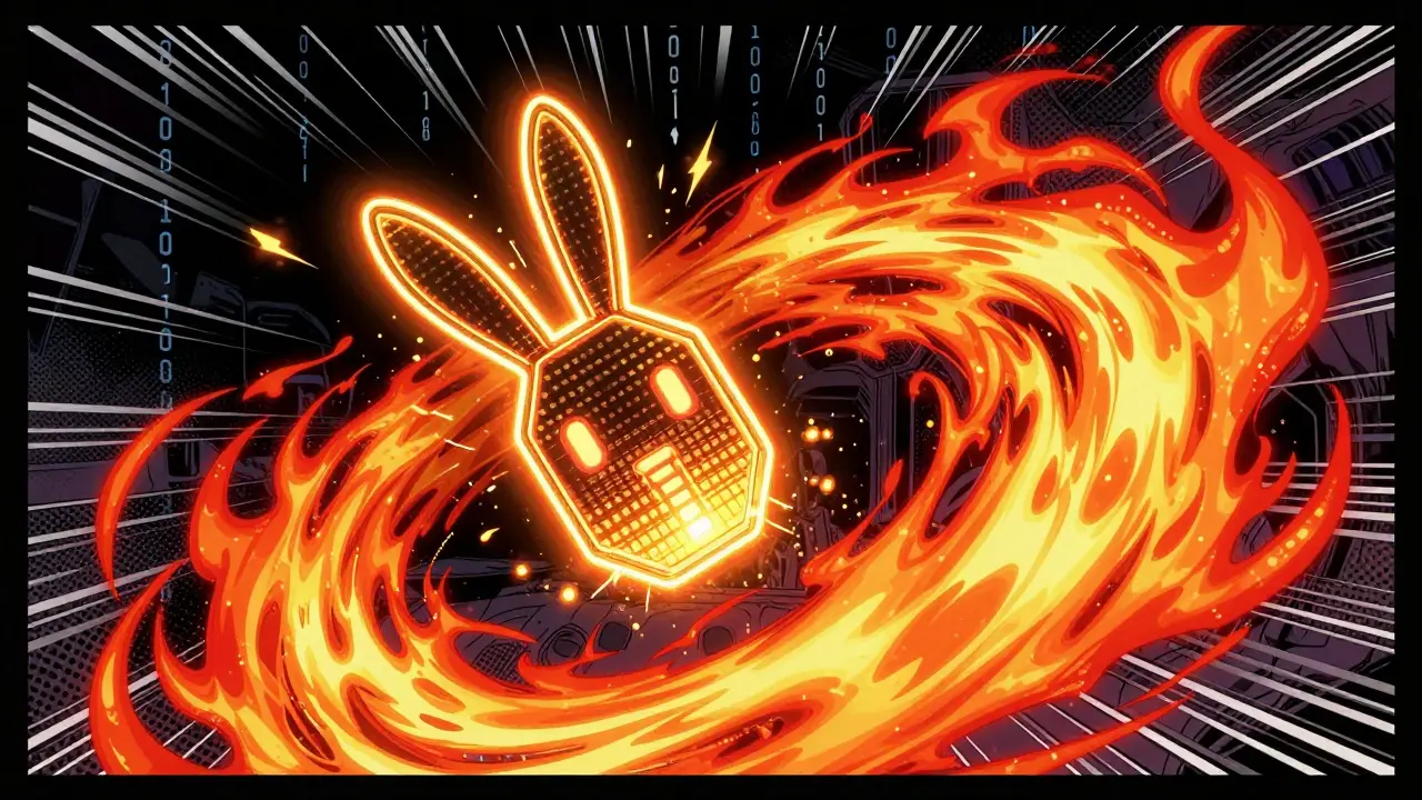 A digital bunny token being consumed by neon orange and red flames in a vortex