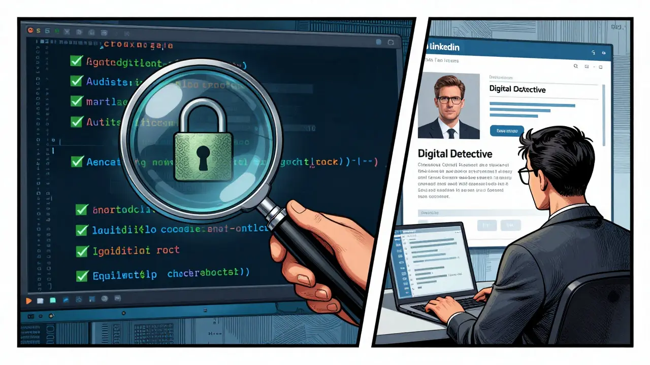 A digital detective analyzing smart contract code and team profiles