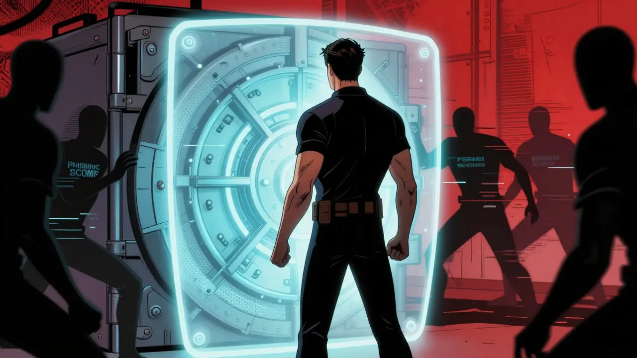 A digital guardian protecting a secure wallet from glitchy phishing shadows in a comic book style.