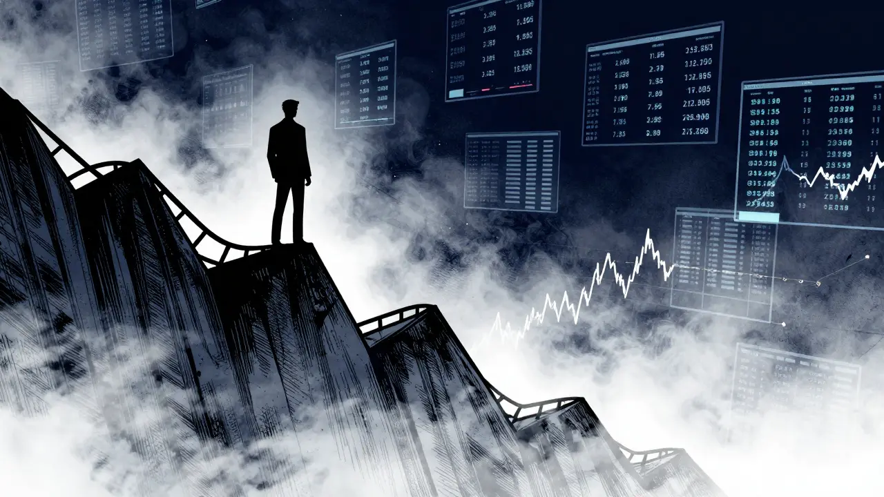 A dramatic comic scene of a person standing on a plunging price graph in a dark digital void.