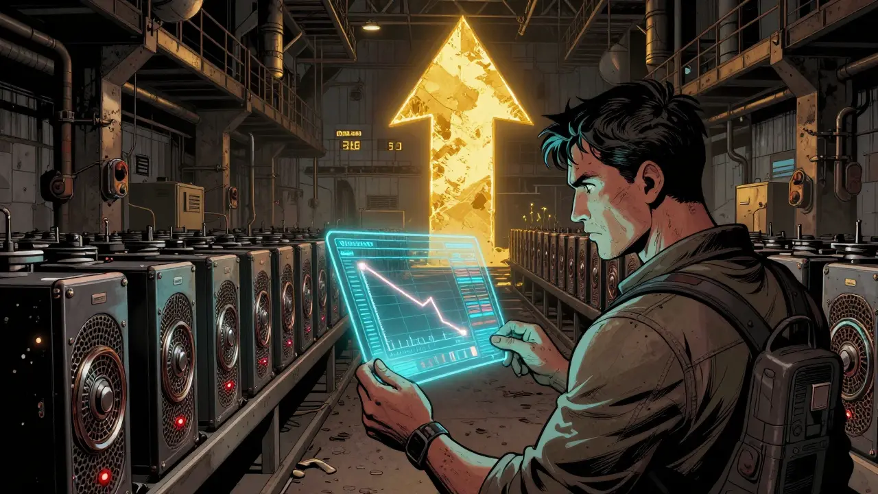 A focused miner in a high-tech server room looking at a holographic chart of rising prices.