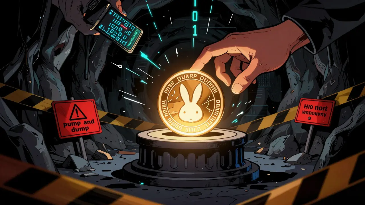 A glowing bunny token on a pedestal surrounded by red warning signs in a glitchy cavern