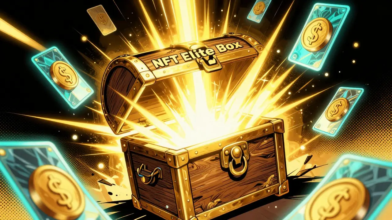 A glowing NFT Elite Box opening to reveal gold ASPO tokens and rare cards.