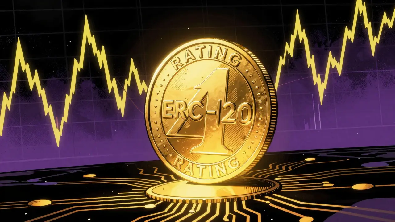 A glowing RATING token floating amidst digital circuits and volatile trading charts in a comic style.