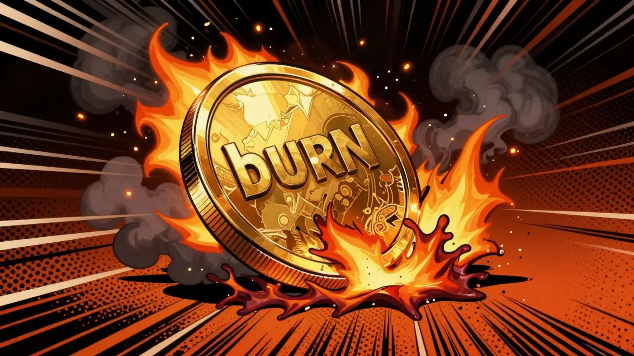 A golden token dissolving into a splash of ink and embers on a canvas