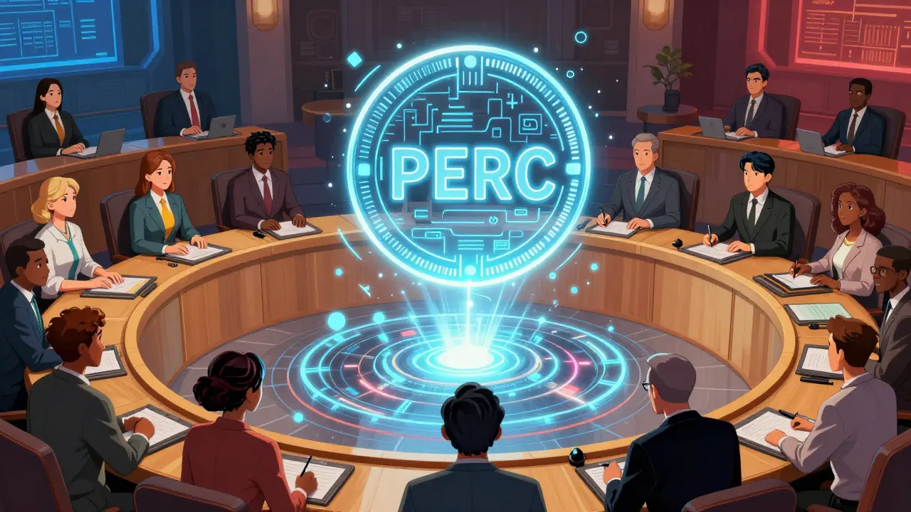 A group of diverse avatars voting on a glowing PERC token in a digital council
