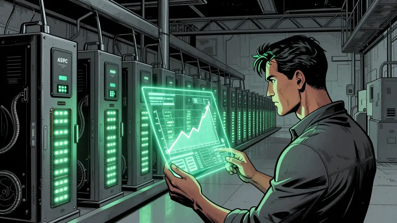 A high-tech ASIC mining farm with a miner viewing a stable payout graph in comic book art.