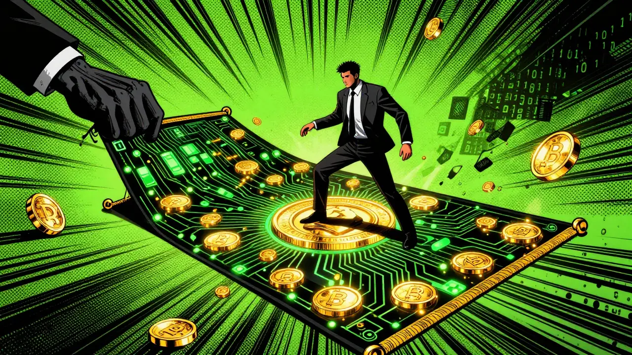 A person falling as a digital rug of blockchain tokens is pulled away