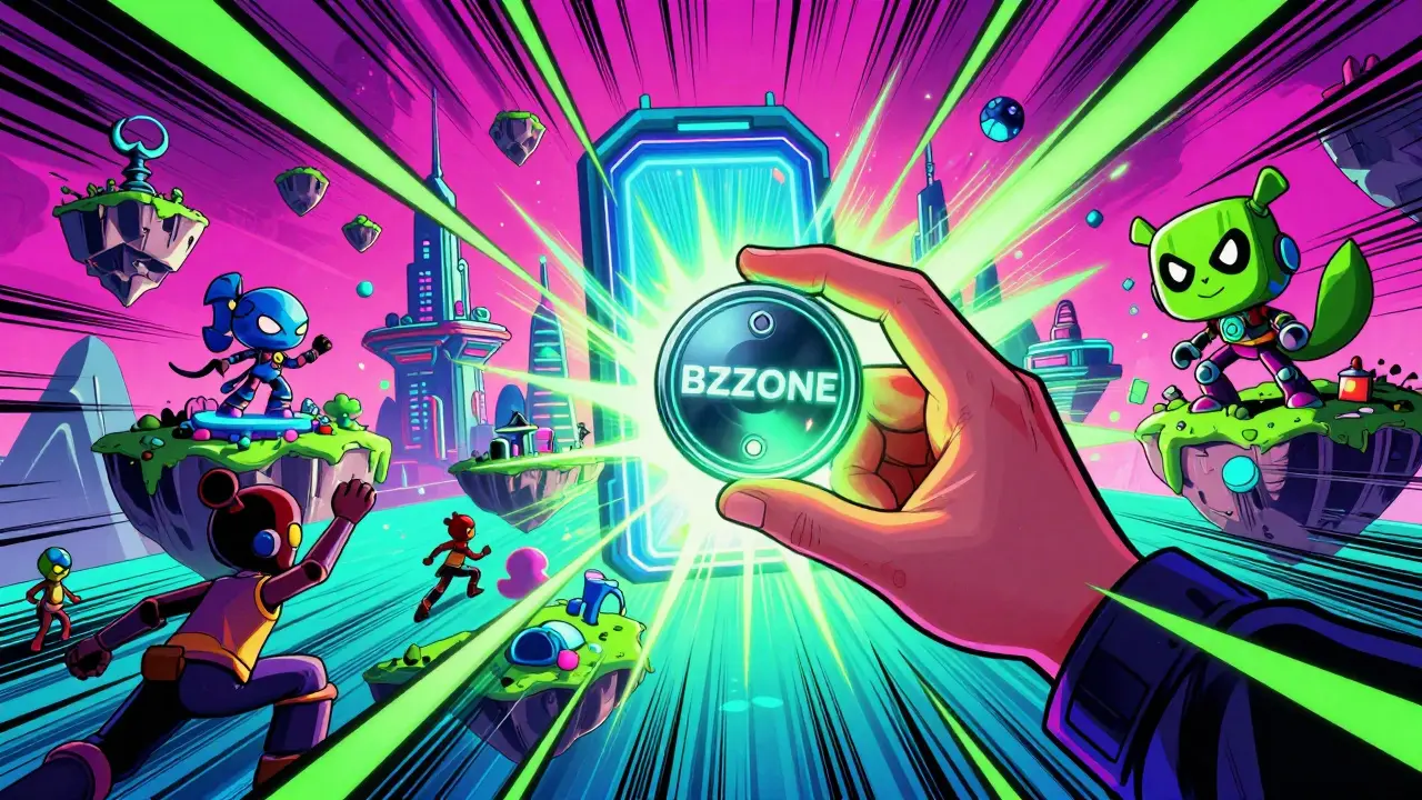 A person using a BZZONE token to open a portal into a vibrant virtual GameFi world.