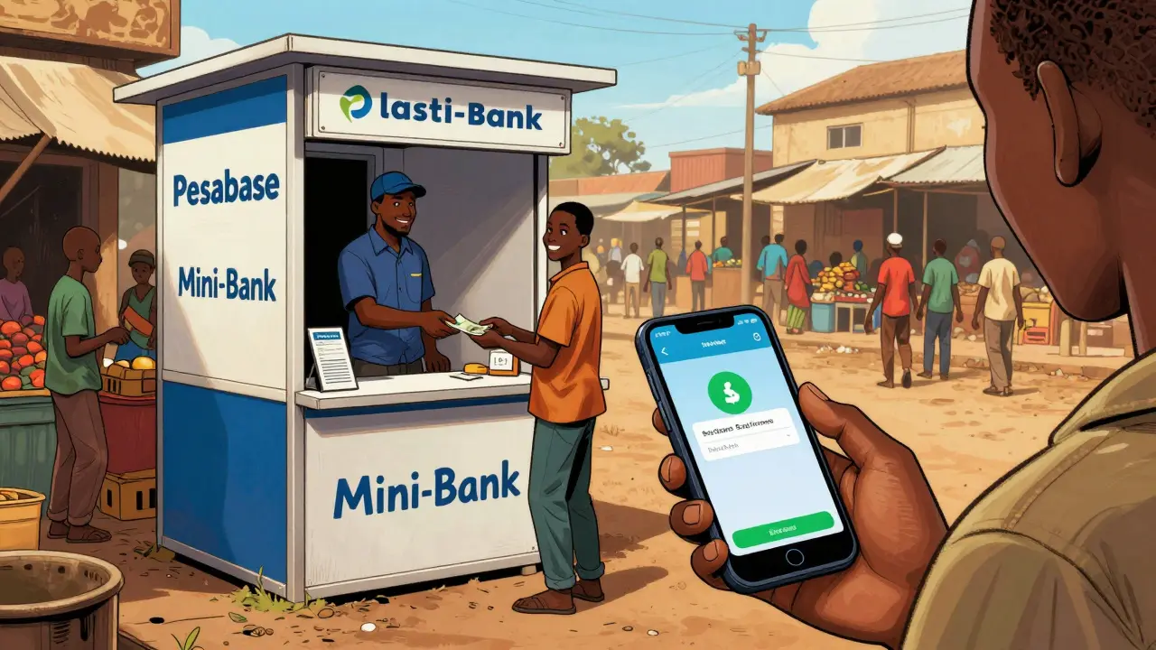 A Pesabase agent providing cash to a customer at a market kiosk in East Africa.