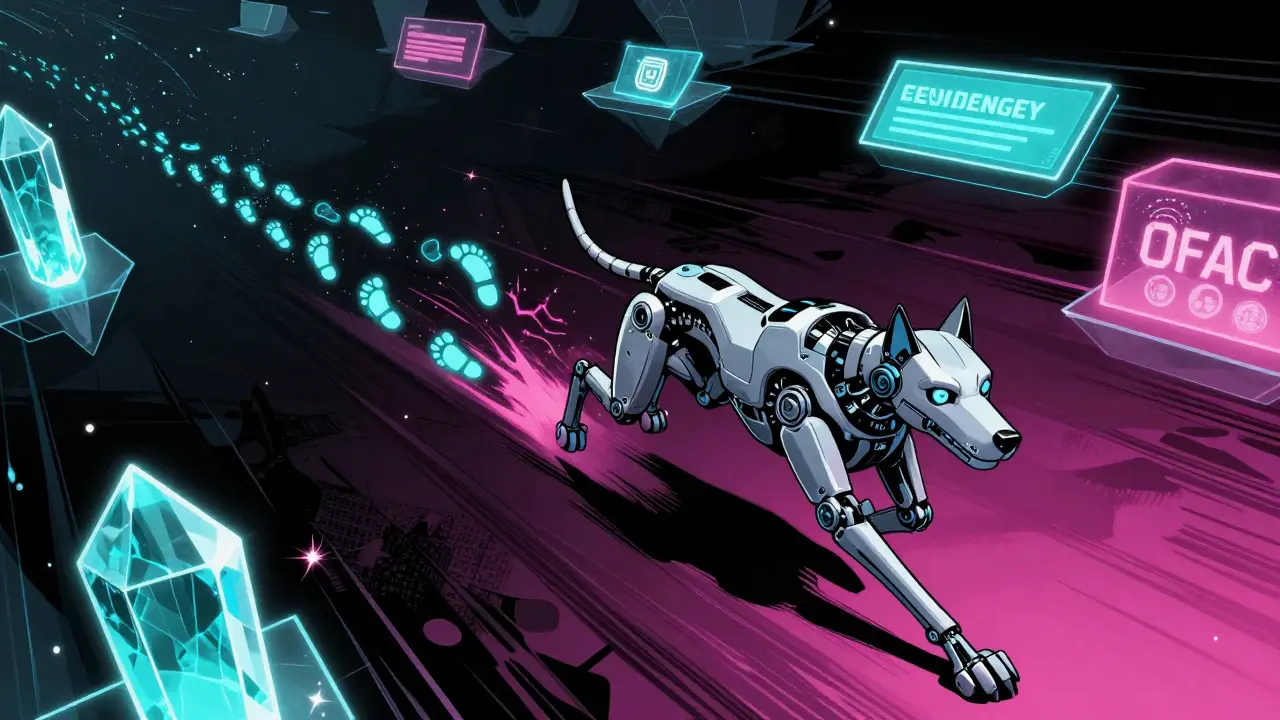A robotic hound tracking glowing digital footprints across floating platforms in a cyber-void.