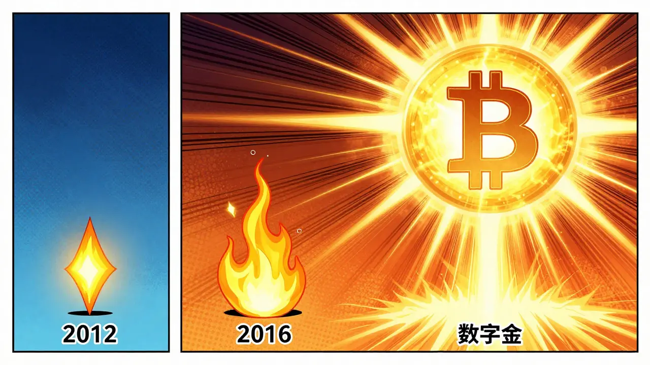 A sequence of images showing the growth of Bitcoin from a small spark to a bright golden sun.