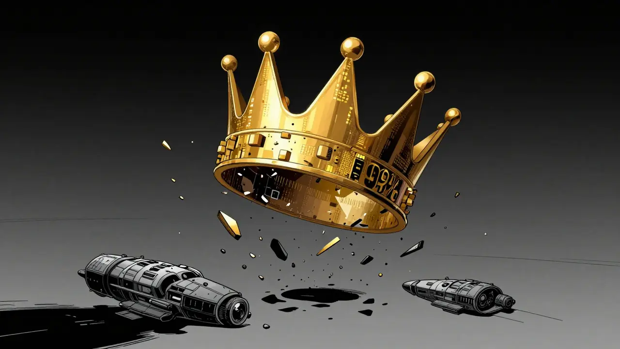 A shattering golden pixel crown falling through a dark void in a graphic novel style.