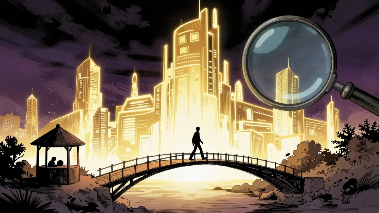 A small bridge connecting a shadowy outpost to a giant futuristic fortress in a comic book style.