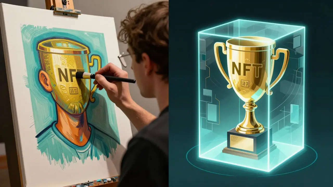 A split scene showing art being overwritten on a canvas and preserved as an NFT