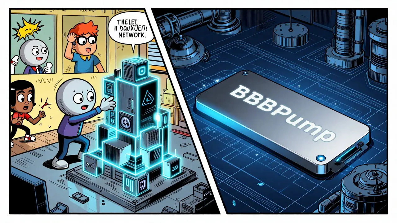 A split-screen comic illustration showing a transition from colorful memes to a digital token platform.