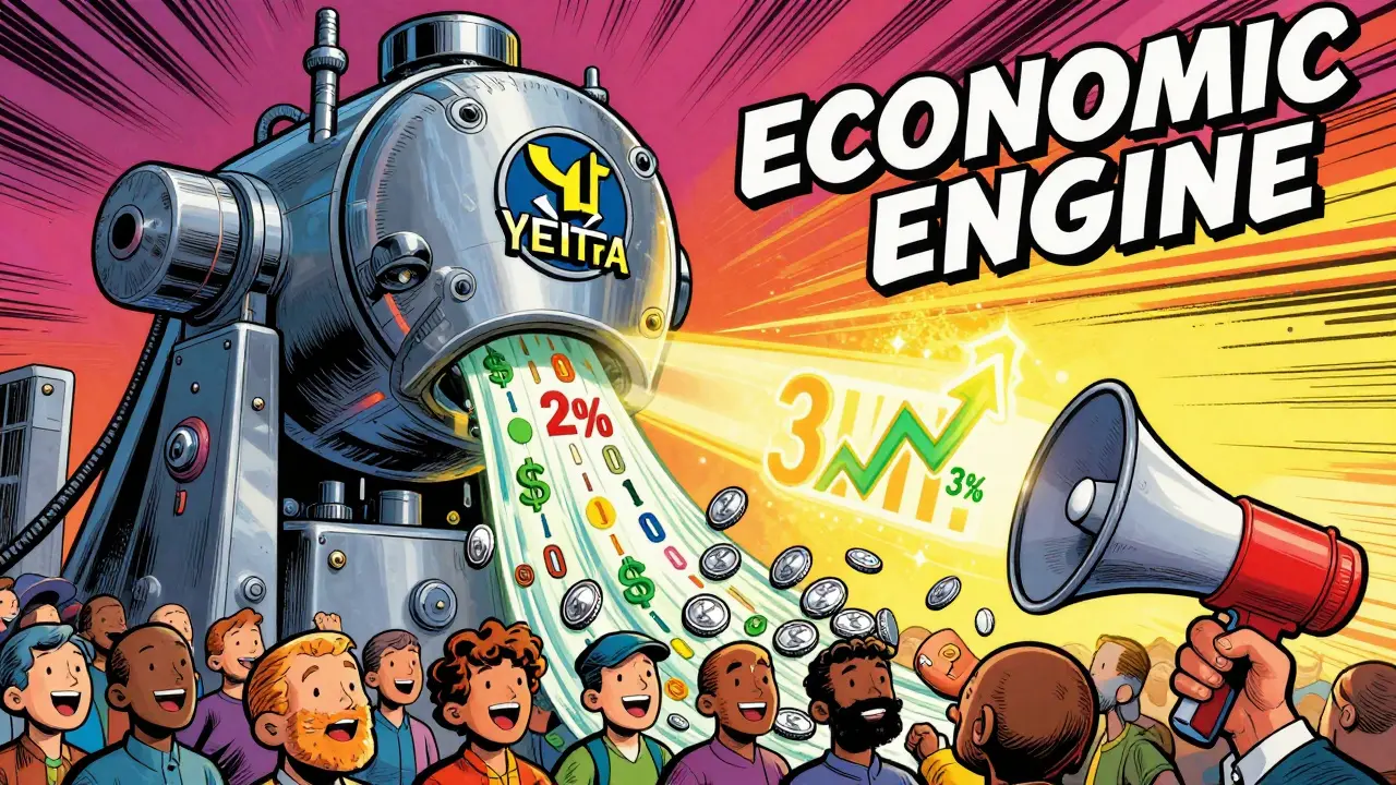 A stylized machine distributing rewards to holders and funding growth in comic book art.