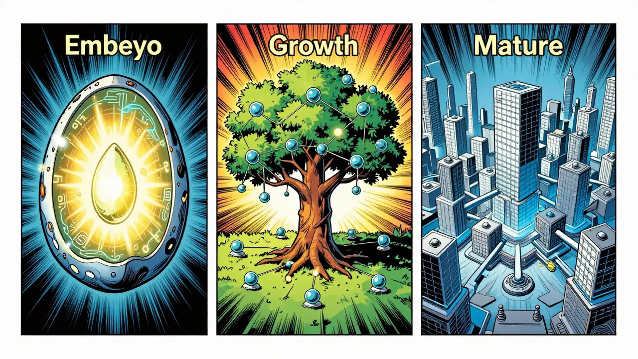 A three-panel comic illustration showing the Embryo, Growth, and Mature stages of a project.