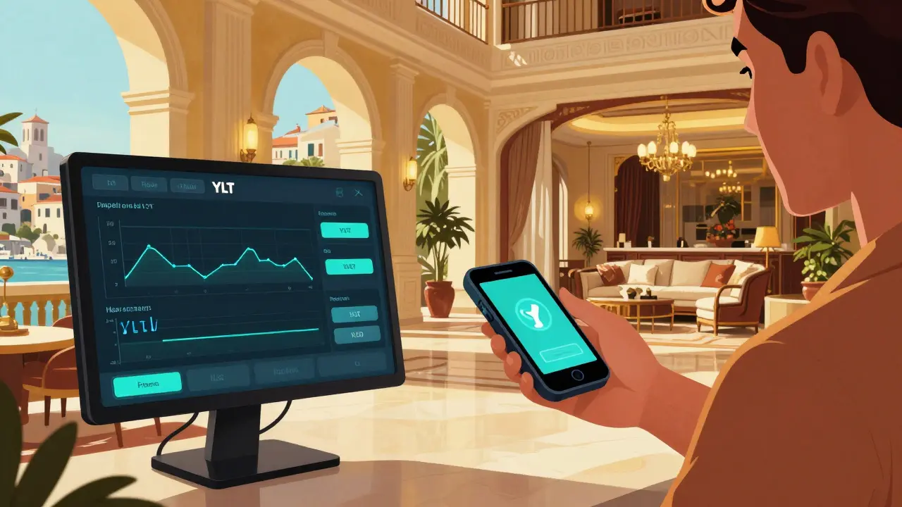 A traveler using YLT to pay for a luxury hotel in a vibrant graphic novel scene.