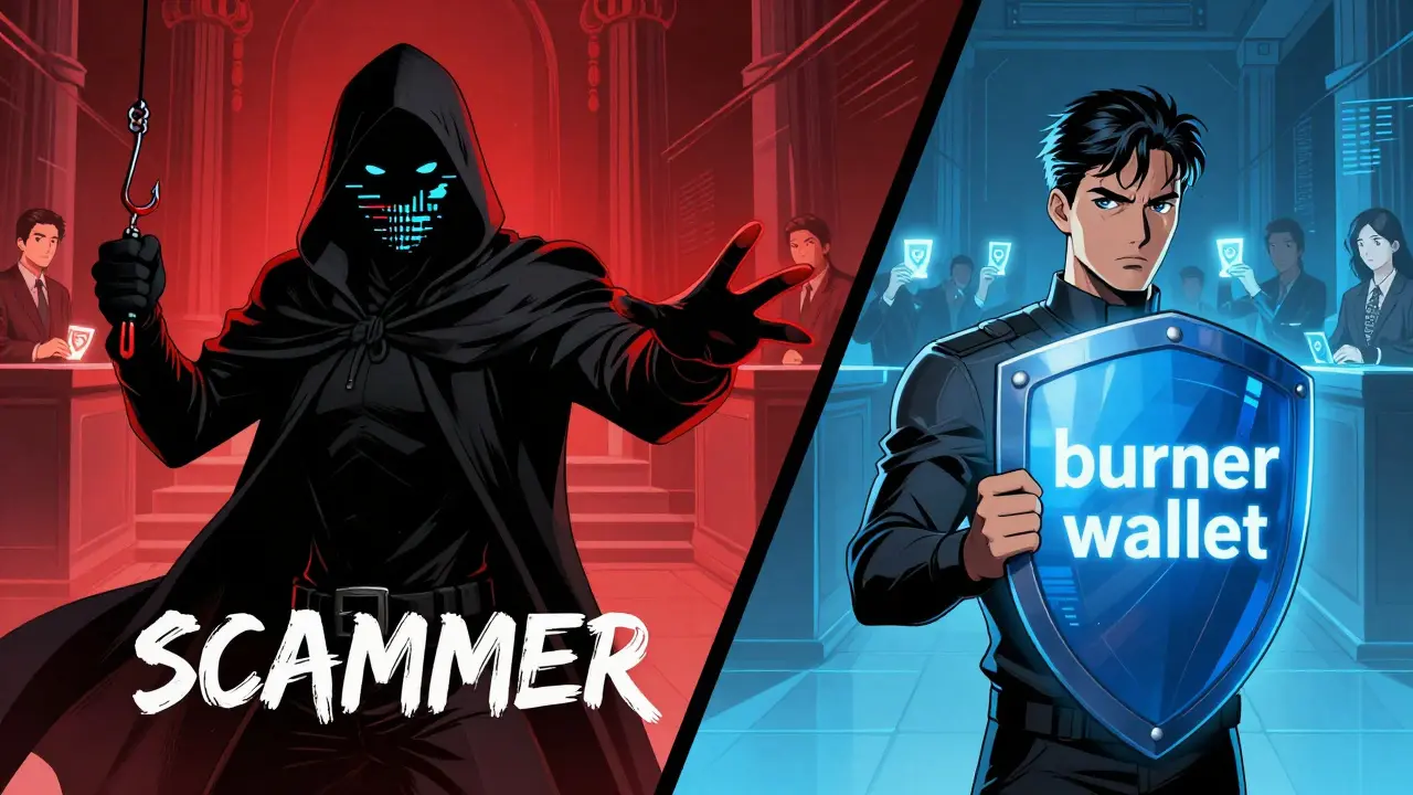 A user protected by a digital shield from a shadowy hacker in a futuristic setting.