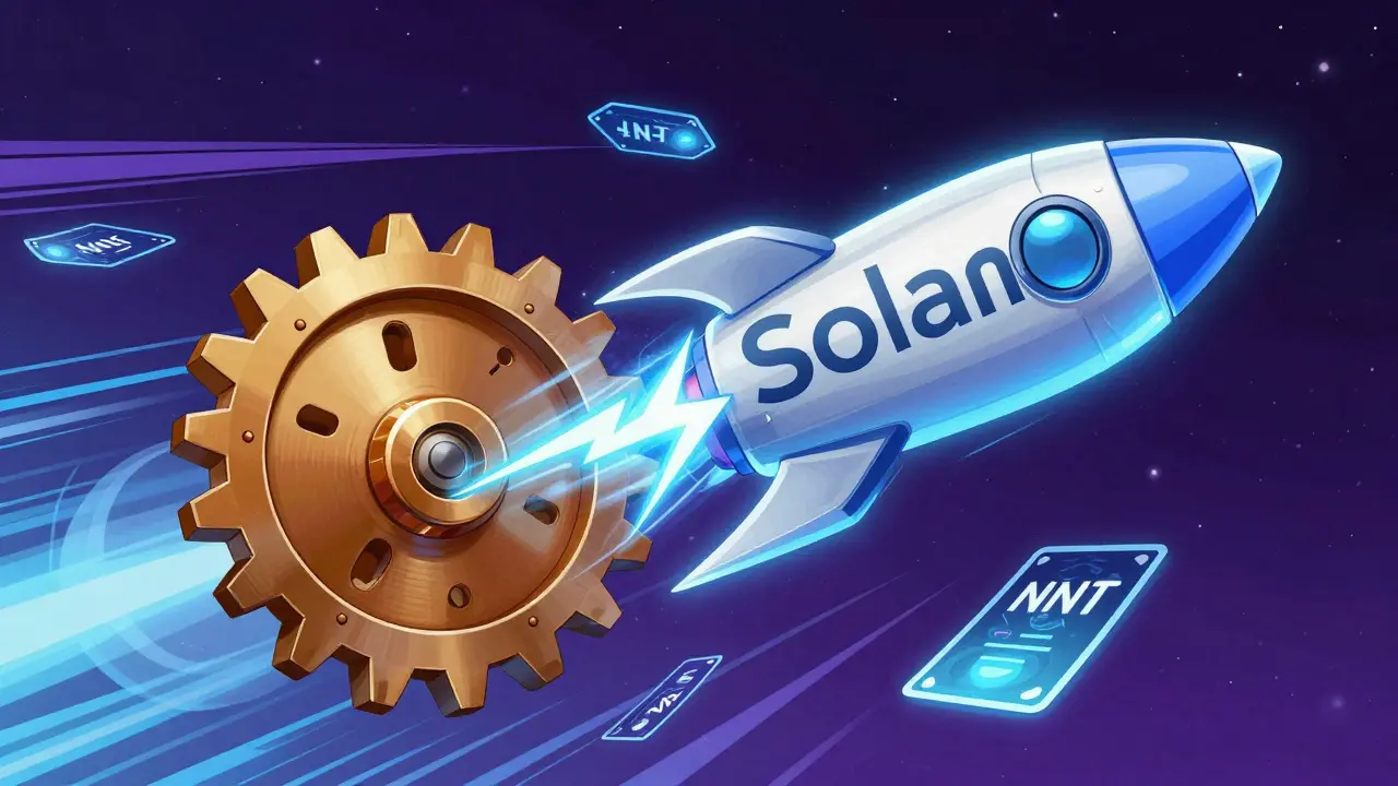 A visual metaphor of a slow gear turning into a high-speed lightning bolt to represent the move to Solana.