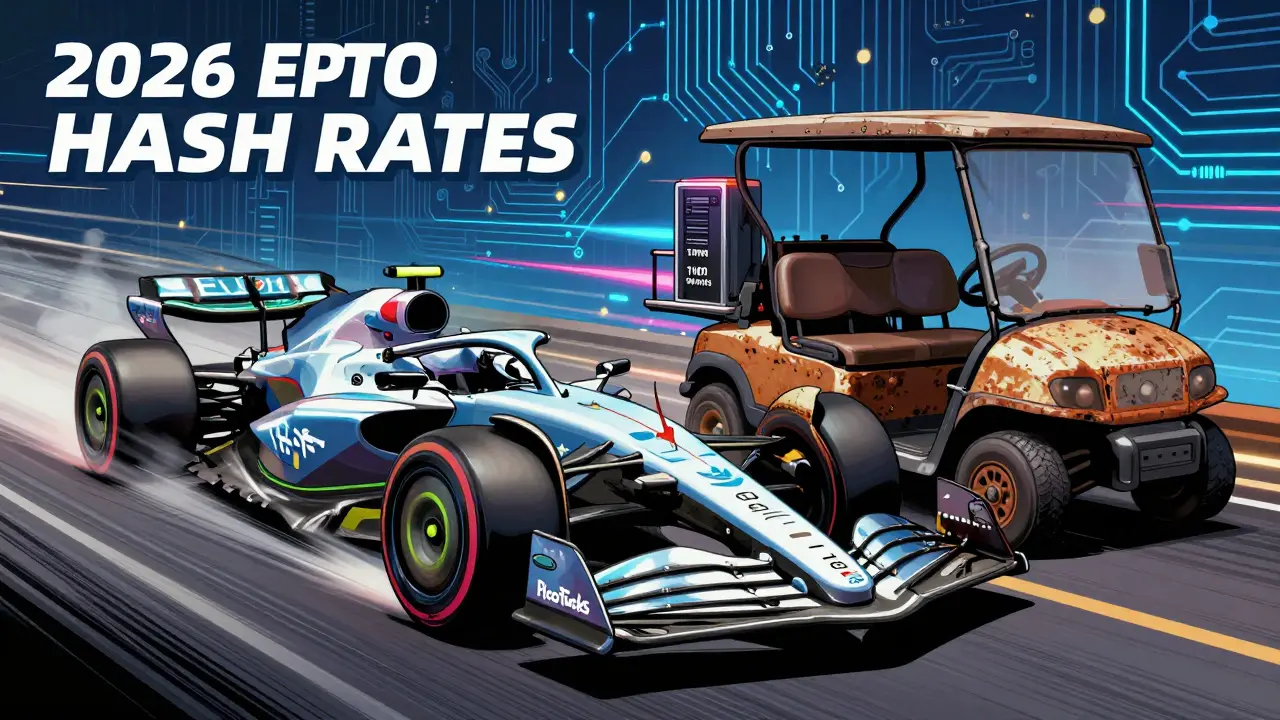 Comic art showing a futuristic race car passing a rusty golf cart.