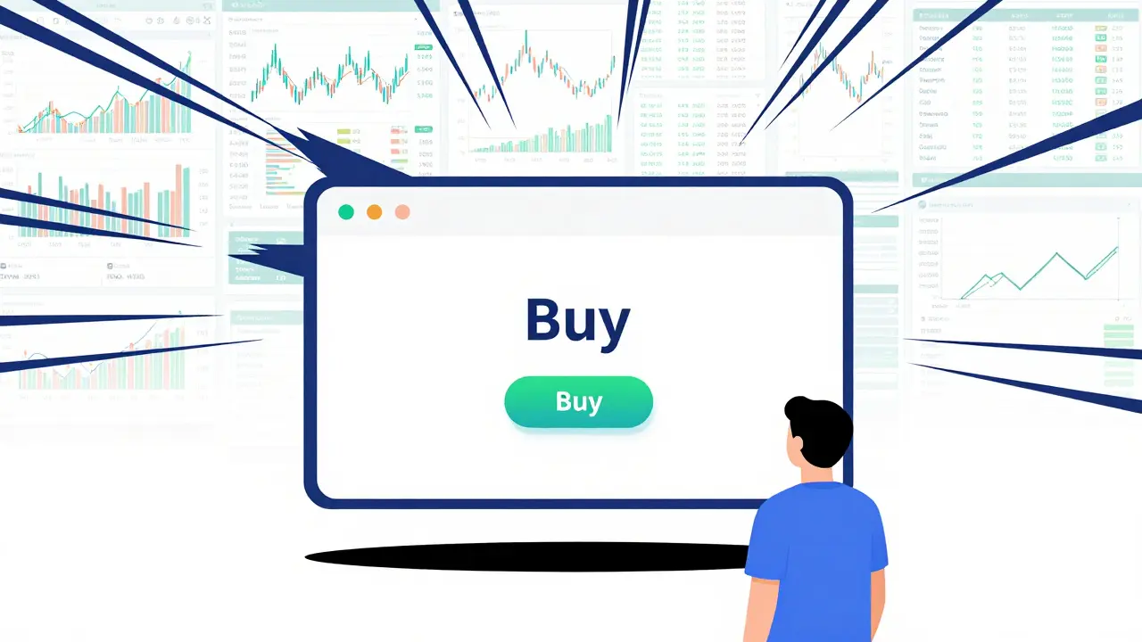 Comic book illustration of a simplified trading interface for a beginner crypto user.