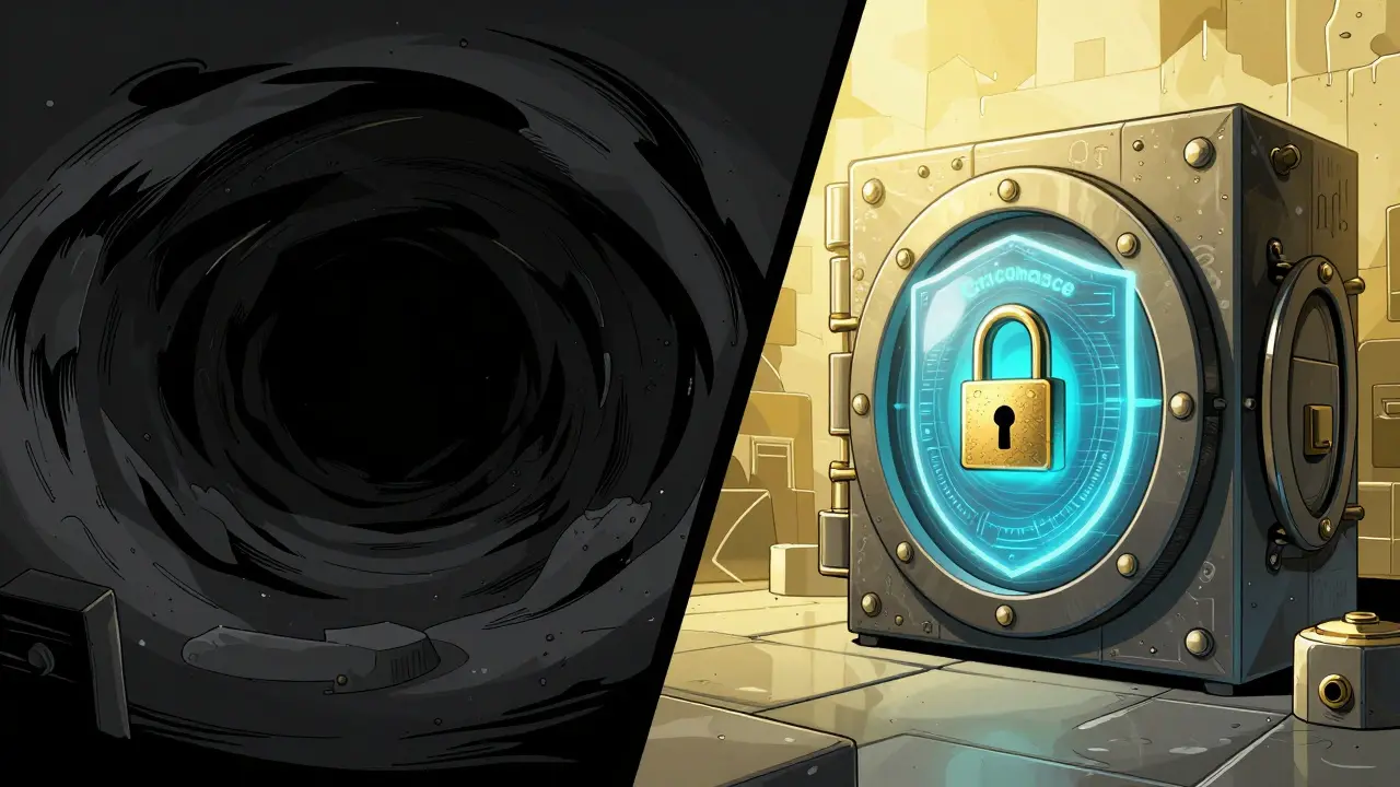 Comic illustration contrasting a dark abyss with a secure digital vault.
