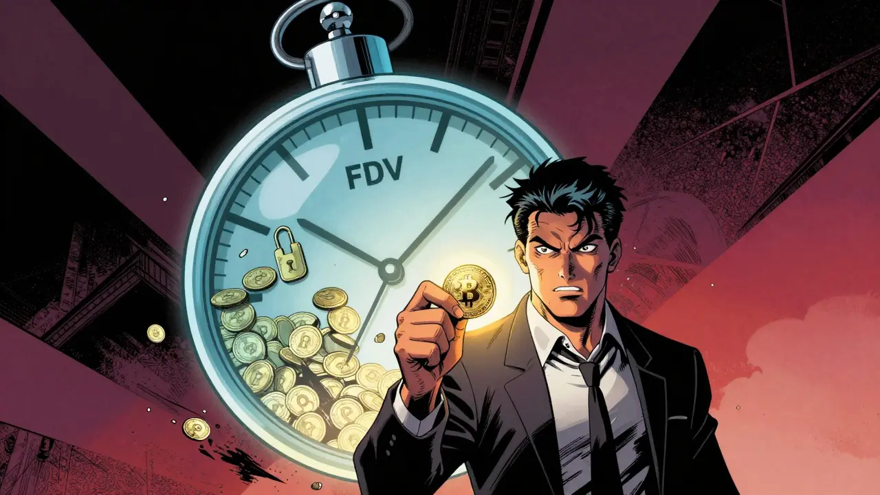 Comic illustration of a digital coin with a large FDV timer bomb in the background.