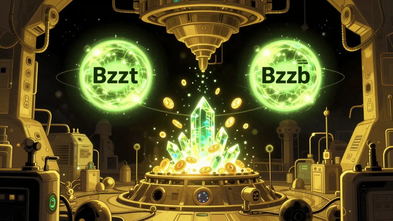 Digital mining facility with glowing Bzzt and Bzzb spheres creating BZZONE tokens.