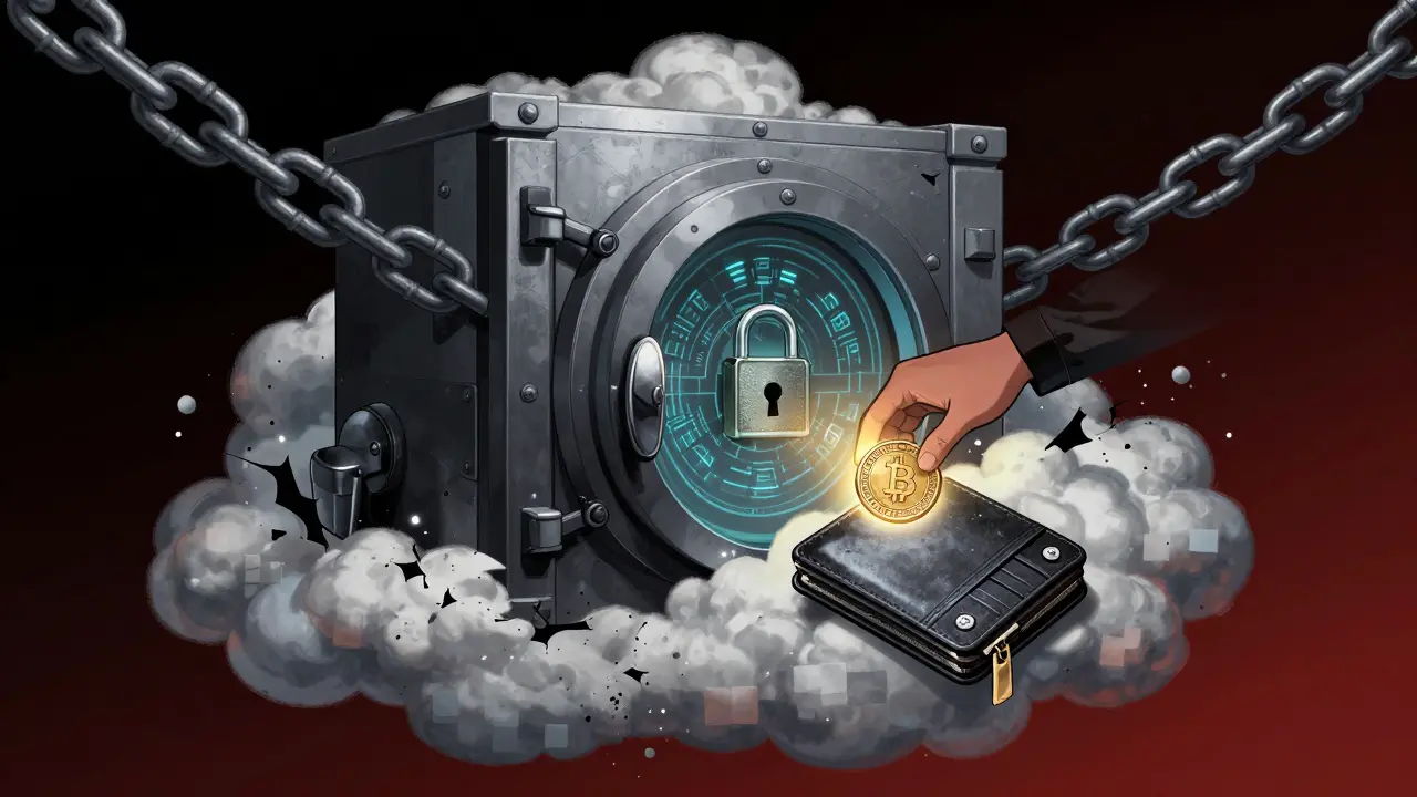 Graphic novel depiction of a digital vault on a dissolving cloud and a hardware wallet.