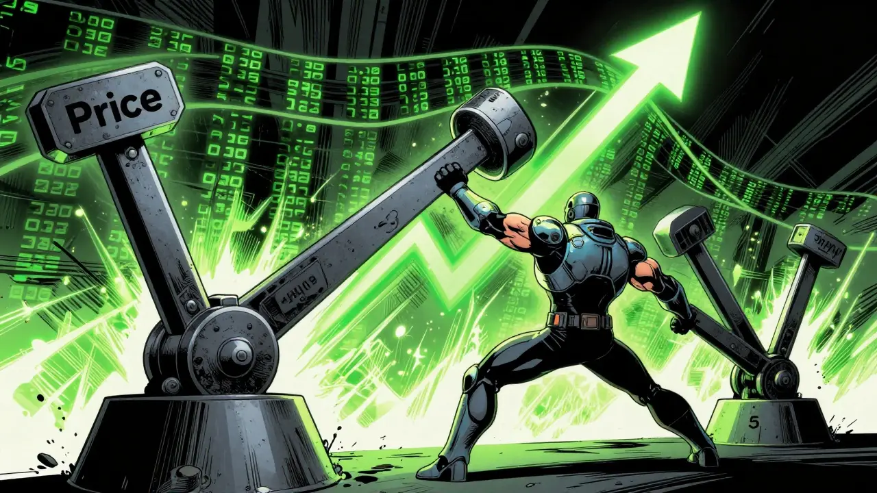 Graphic novel scene of a character pulling levers representing price and supply changes.