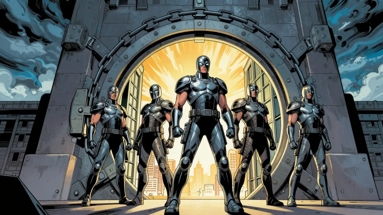 Guardians standing before a blockchain vault as a storm clears.