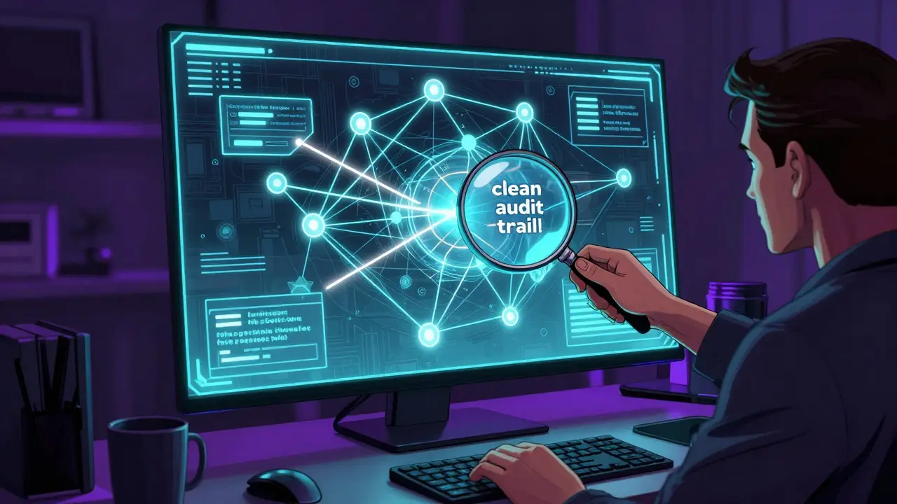 Holographic blockchain network being analyzed by a digital magnifying glass in comic style