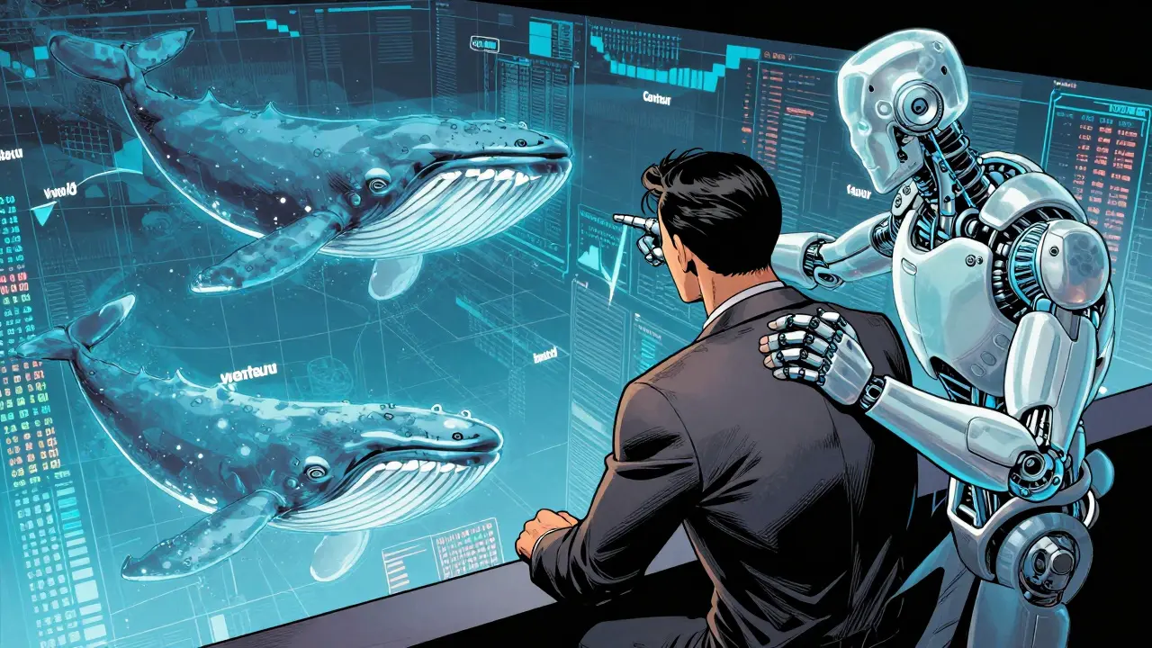 Human trader and AI entity analyzing blockchain whale movements on a digital map