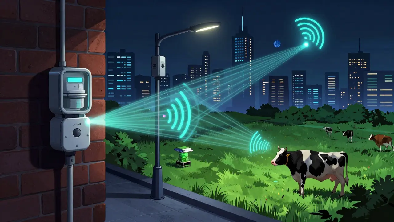 IoT devices in a smart city sending long-range signals to a rooftop hotspot in graphic novel art.